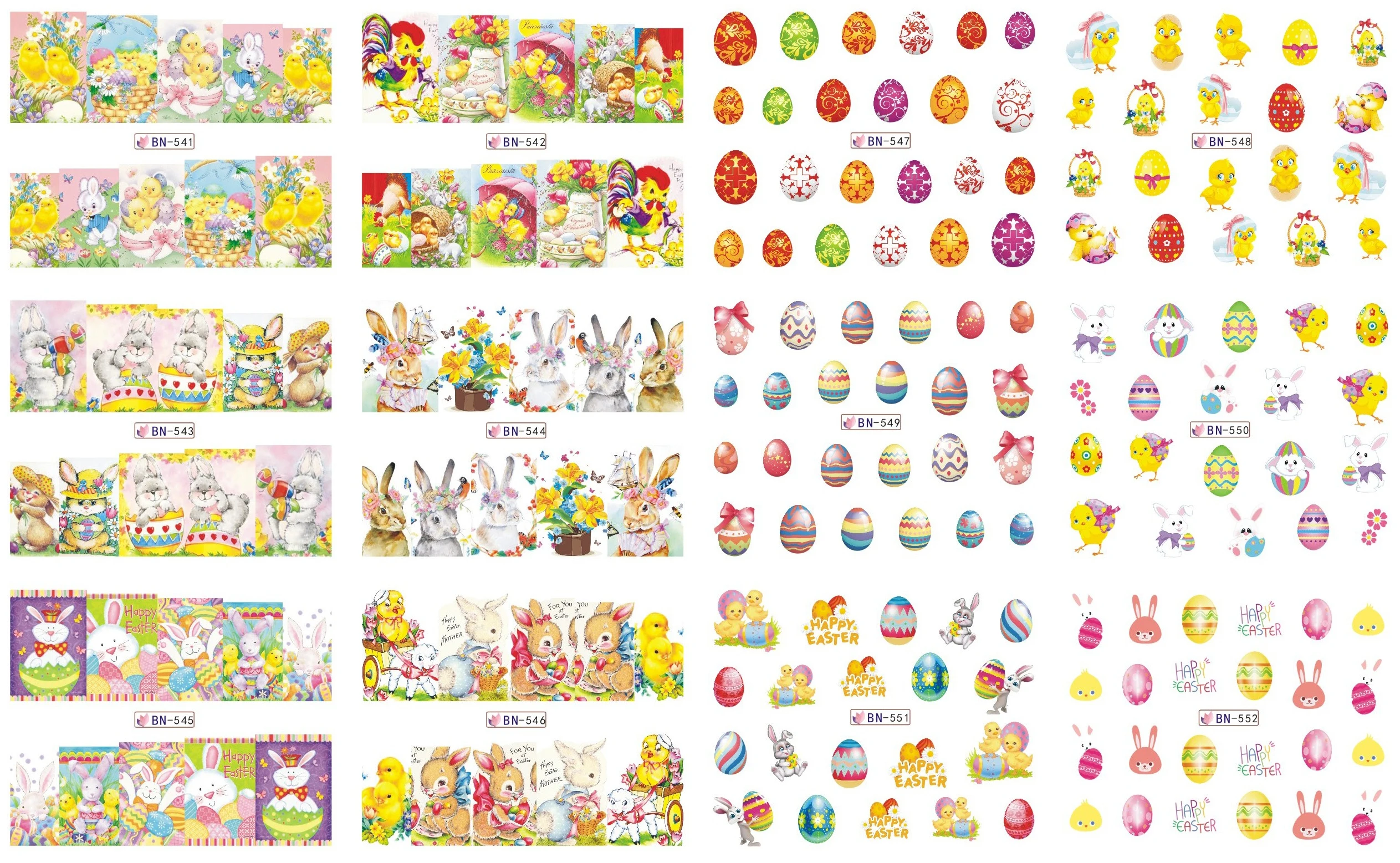 12 Sheets/Lot Nail BN541-552 Yellow Rabbit and Egg Full Cover Nail Art Water Sticker Decal For Nail Water (12 DESIGNS IN 1)