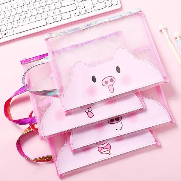 Kawaii Pink Pig A4 File Folder Bag Students Examination Papers Document Organizer Storage Handbag Storage Stationery