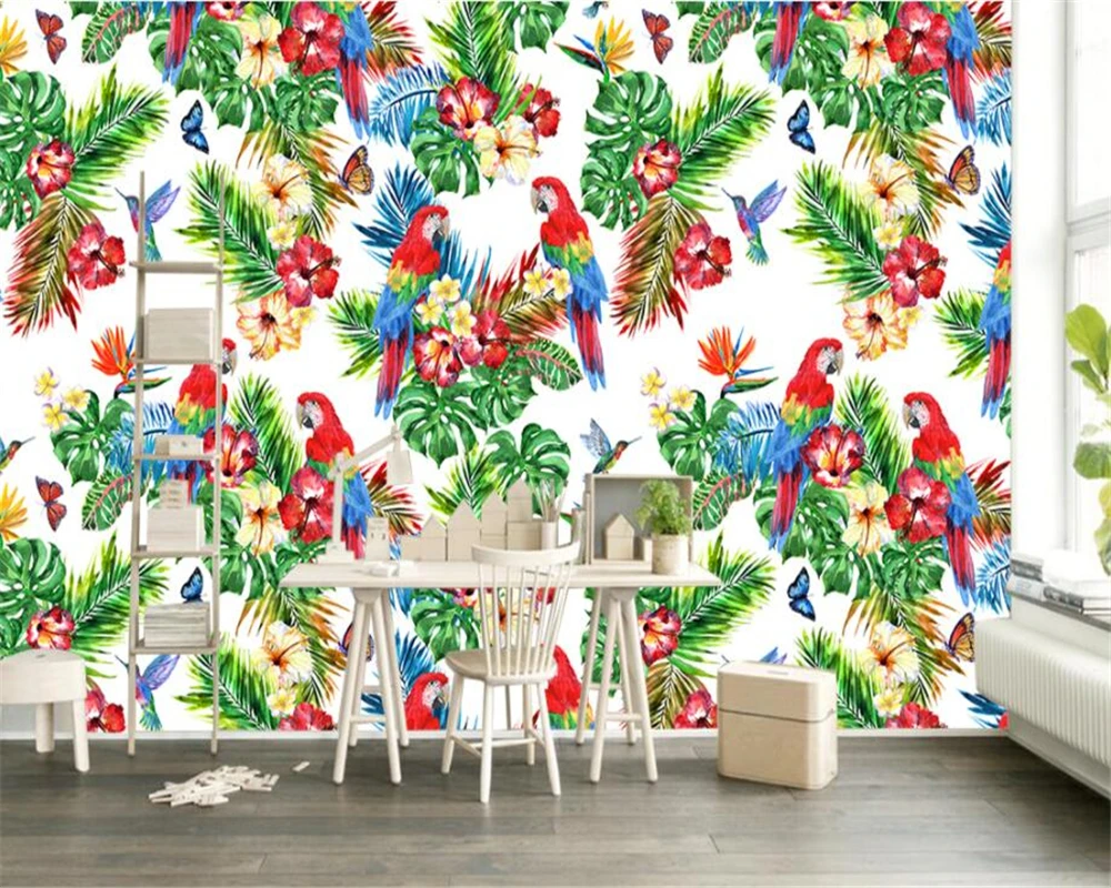 

beibehang Custom Wallpaper Living Room Bedroom Mural Tropical Plant Banana Leaf Parrot TV Sofa Background murals 3d wallpaper