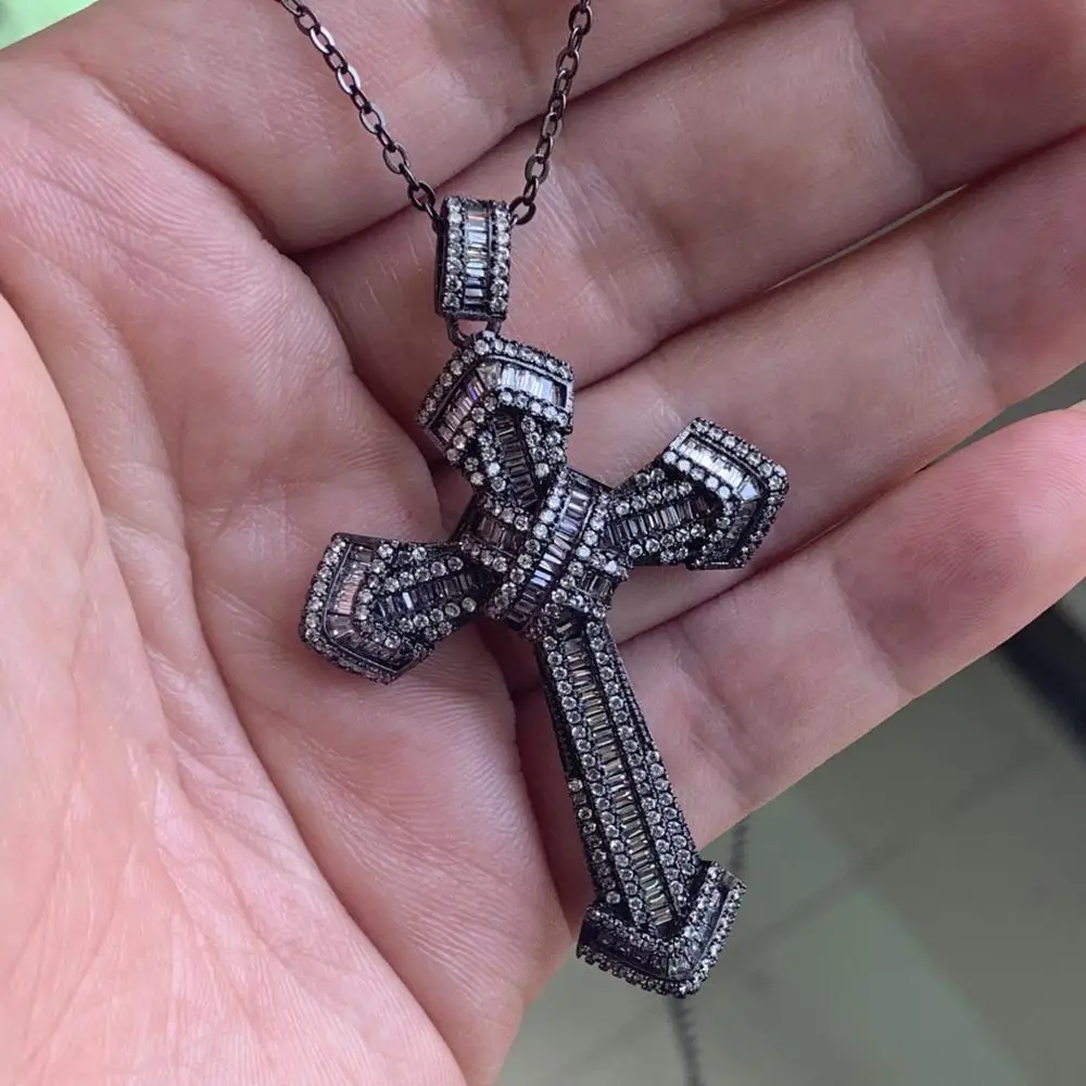 Rulalei Vintage Fashion Jewelry Handmade 925 Silver&Black Gold Fill Princess White 5A Cubic Zrconia Cross Pendant Women Necklace