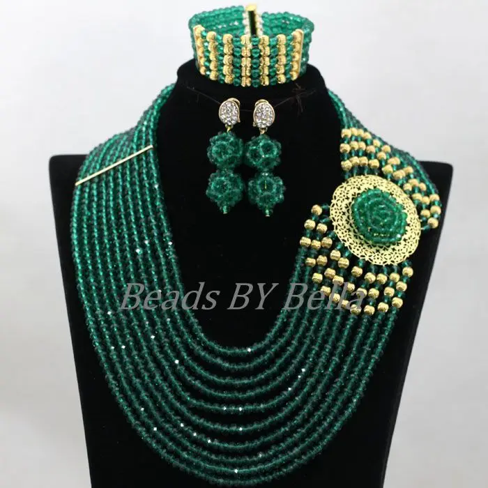 Dubai Bridal Jewelry Set Nigerian Wedding Beads Jewelry Set Teal Green Crystal Costume African Jewelry Sets Free Shipping ABK834