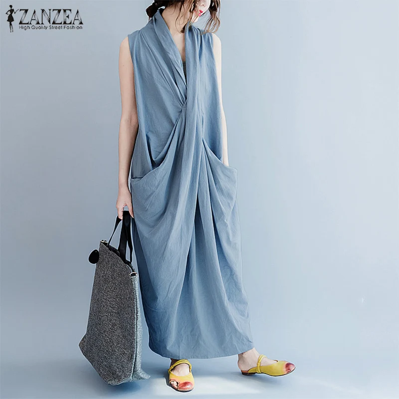 ZANZEA Oversize Asymmetrical Maxi Dress Women's Summer 2025 Holiday Sundress Female V Neck Draped Vestidos Rayon Robes Femme: ZANZEA Sukienka Maxi Oversize Asymetryczna Damska Letnia 2025 Wakacyjna Sukienka Letnia Dekolt V Dzianina Damska Sukienki Rayon Szaty Damskie