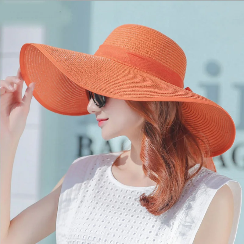 2019 simple Elegant Style Summer Large Brim Straw Hat Adult Women Girls Fashion Sun Hat Uv Protect Big Bow Summer Beach Hat