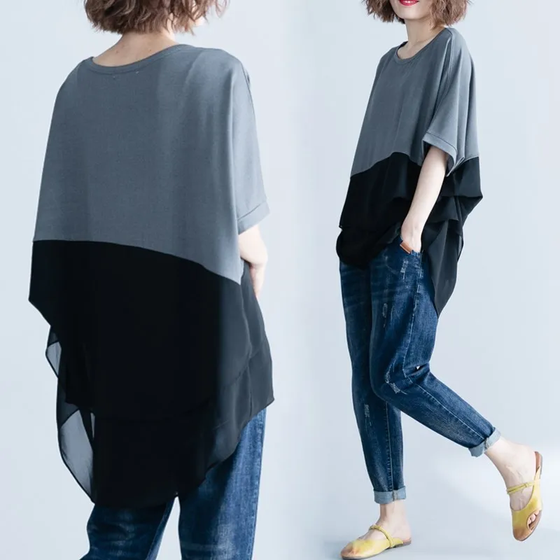 2022 New Summer Chiffon T-Shirt Patchwork Women Clothing Casual Oversized Irregular Basic Tops Female Casual Tee t Shirts X632