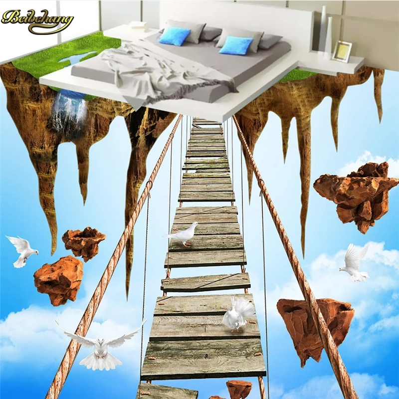 beibehang Custom Photo 3D Floor Painting Wallpaper 3D Sky Empty Island Adventure Rope Bridge Floor papel de parede