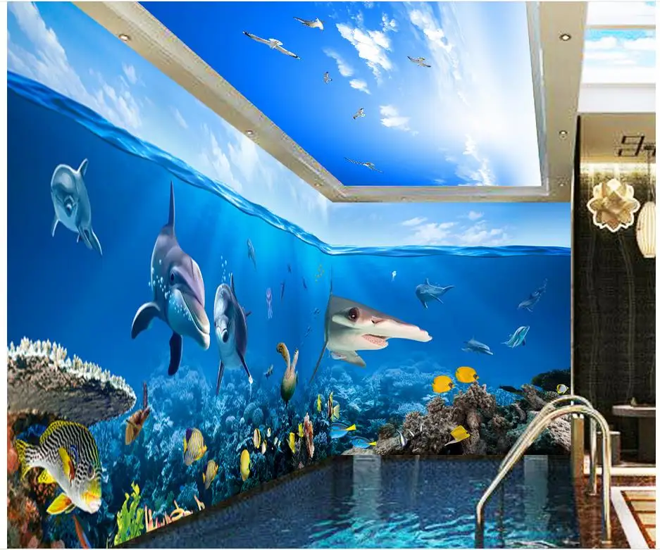 

Ocean World Dolphin 3D stereoscopic theme space background wall custom 3d wallpaper 3d ceiling murals wallpaper