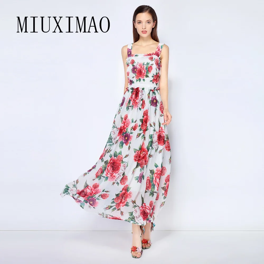 

MIUXIMAO 2023 Summer Holiday Dress Square Collar Sleeveless Spaghetti Strap Ruffles Elegant Print Long Dress Women