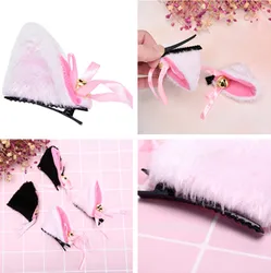 1pair Lovely Cat Ears With Bell Hair Clip Cosplay Party Fox Long Fur Costume Hair Clip Halloween Gift Hair Accessory White Black