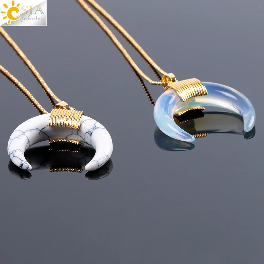 CSJA New Fashion Natural Stone Crescent Half Moon Necklace Pendant with Chain Gold Color Wire Wrapped for Women DIY Jewelry F063