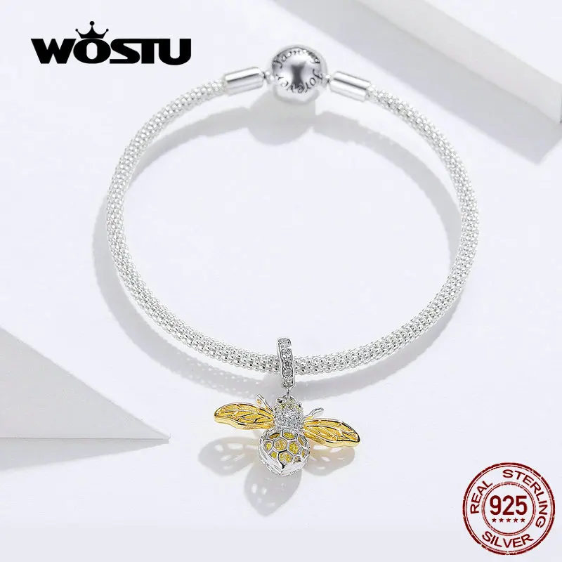 WOSTU Hot Sale 925 Sterling Silver Golden Bee Charms Bracelet & Bangle For Women Cute Little Bee Beads Jewelry Making CQB830