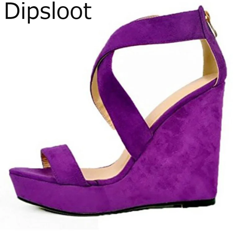 

Sexy Summer Platform Straps Across Wedges High Heels Sandals Women Purple Faux Suede Concise Dress Shoes for Ladies Size 46