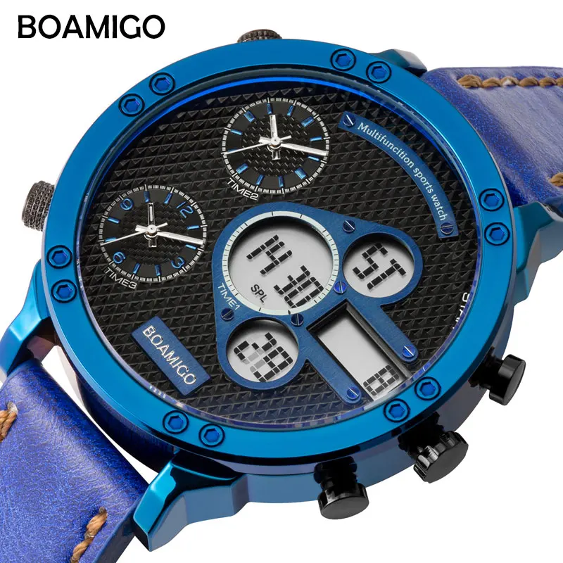 BOAMIGO Mens Watches Top Luxury Brand Men Sports Watches Quartz LED Digital 3 Clock Male Blue Military Watch relogio masculino