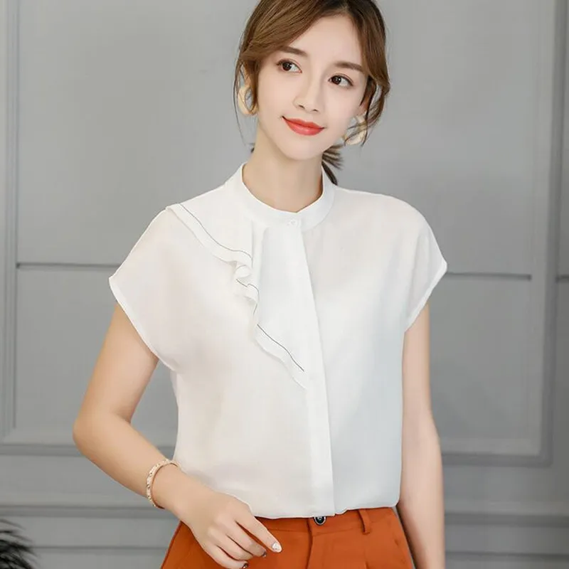 Spring Summer Chiffon Shirt Female Thin Fashion Short Sleeve Round Collar Blouse Ladies Pure Color New Korean Top Clothes H9076