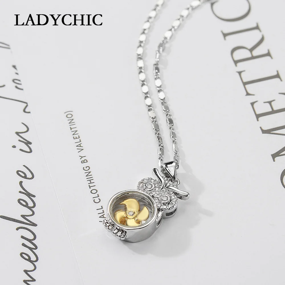 LADYCHIC Personality Owl Crystal Pendant for Women Sweater Chain Rotatable Windmill Necklace Jewelry Clothing Accessories LN1314