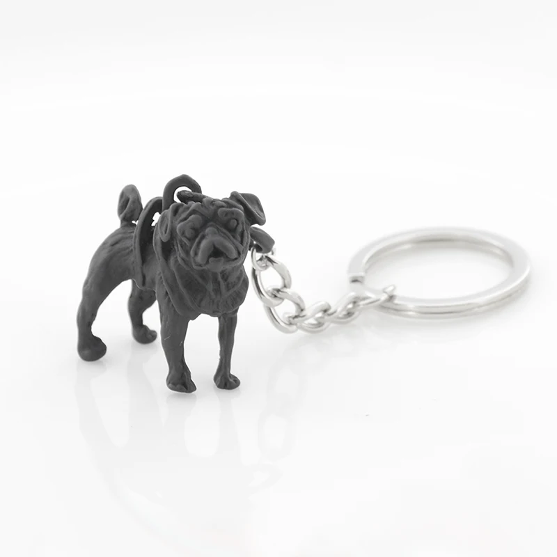 Vintage Silver Plated Black Cute Pug Keychain Metal Dog Animal Key Chain Keyring Bag Charm Women Man Child Pet Jewellery Gift