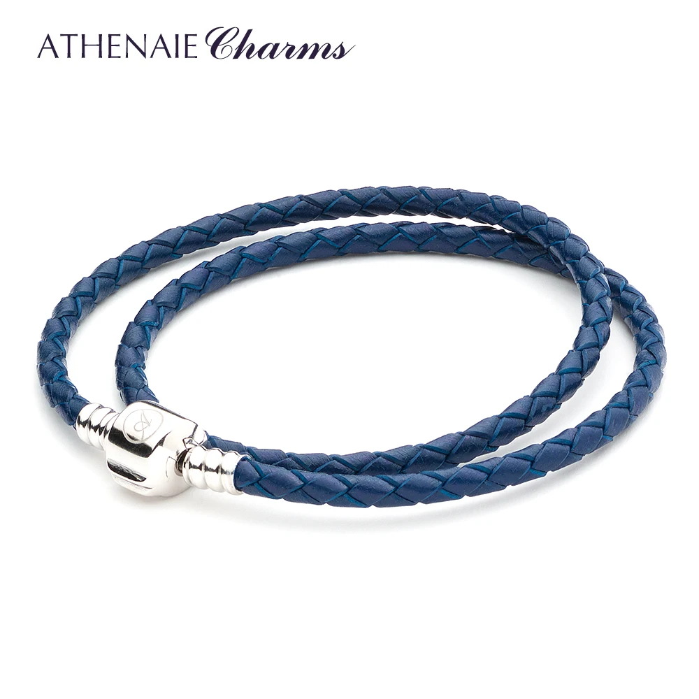 

ATHENAIE Blue Double Braided Leather Bracelet 925 Sterling Silver Snap Clasp Bracelet Size 13.39inch Fit European Women&Men Bead