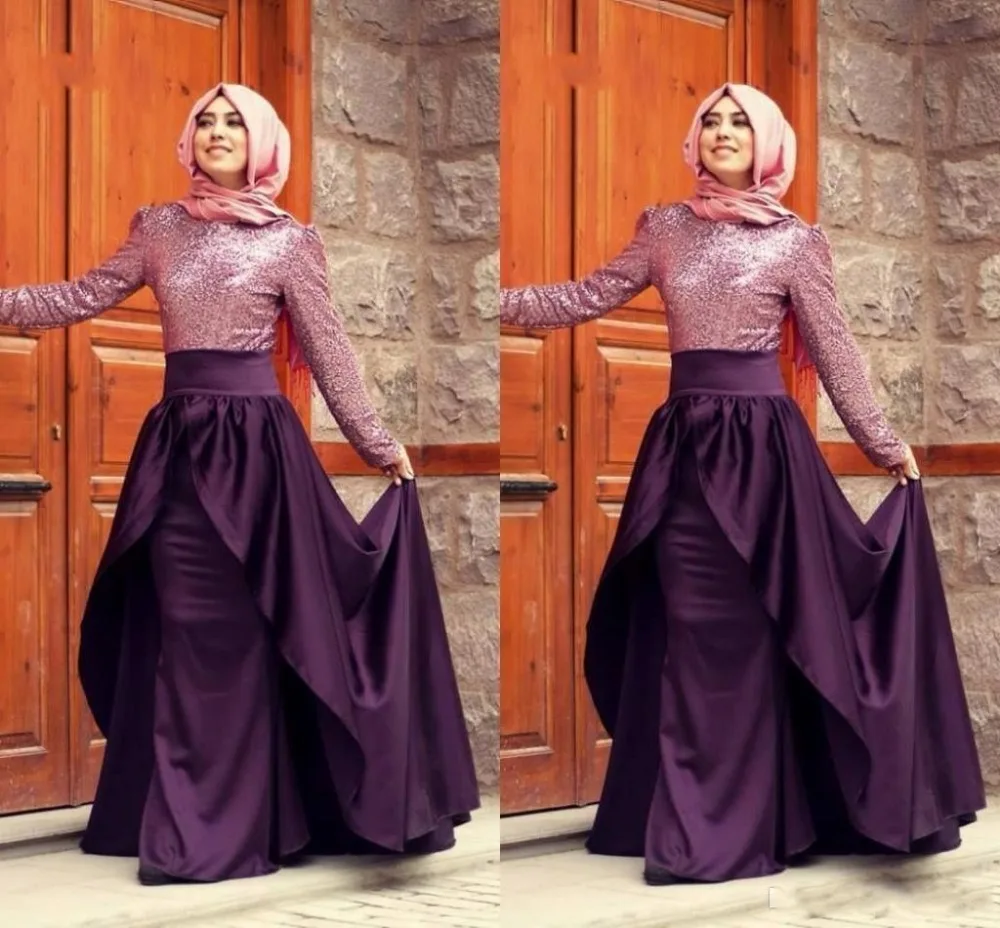 

Purple Muslim Evening Dresses A-line Long Sleeves Sequins Sparkle Islamic Dubai Saudi Arabic Long Formal Evening Gown