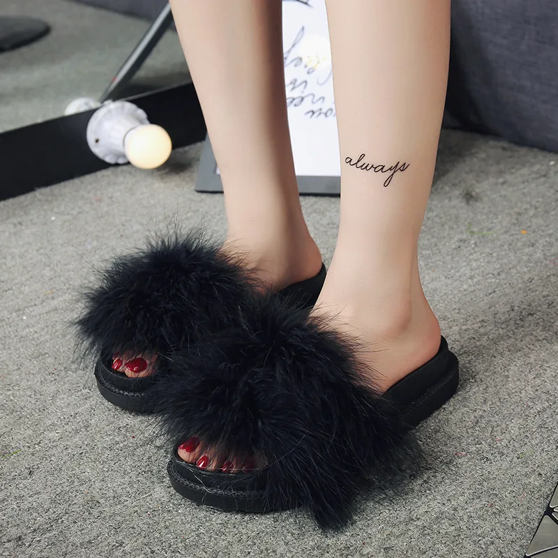 Fur Slides Women Ostrich Home Slippers Feathers Fluffy  Beach Shoes Summer Pantufa Fashion Sliders Flip Flops