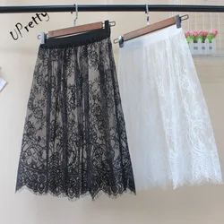 Women Sexy Lace Mesh Skirt Spring Summer Casual High Waist Elastic Hollow Out A-Line Transparent One Layer Tassel Short Skirt 6