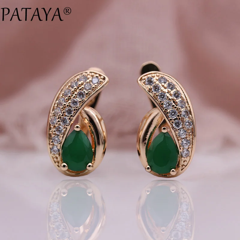 PATAYA New Cute Water Drop Colors Green Natural Zircon Dangle Earrings Women Wedding Party Jewelry 585 Rose Gold Color Earring