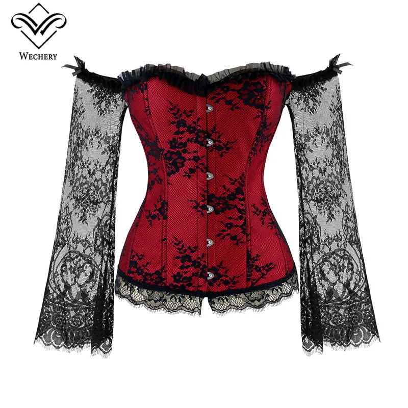 Corsé de Halloween Steampunk para mujer, corpiño Sexy de manga larga, corsé rojo con cordones, corpiño para fiesta, Club, boda, Tops de talla grande S-6XL