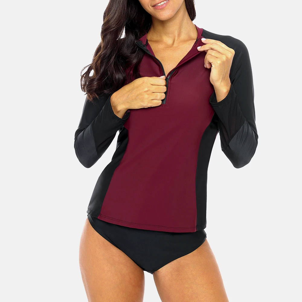 Attraco Rashguard Shirt Swimsuit Women Long Sleeve Front Zipper Patchwork Swimwear Surfing Top Hiking Shirt Rash Guard UPF50+