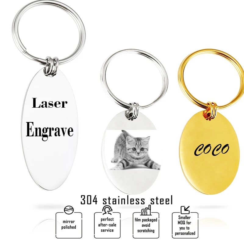 Customized Stainless Steel Oval Keychains Personalized Gold Color Dog Cat Tag Key Chains Engraved Words Photo Promotional Gifts