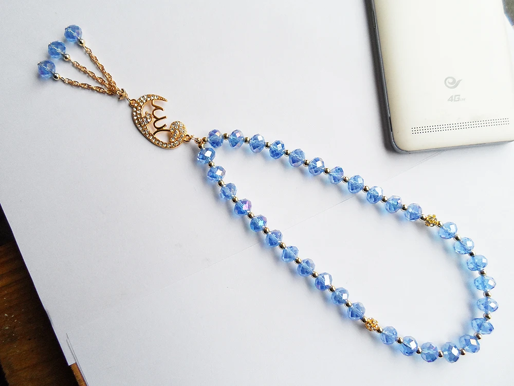 2022 Classic 2R Rope Chain Sky blue crystal Muslim bracelet With elastic Plated gold alloy chain Link Muslim pendant bracelets