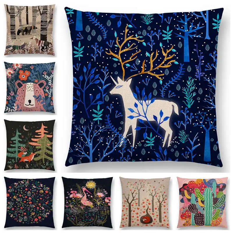 Animal Tale Spring Floral Garden Pattern Sofa Throw Pillow Case Bear Fox Unicorn Bear Birds Flower Leaf Fantasy Cushion Cover