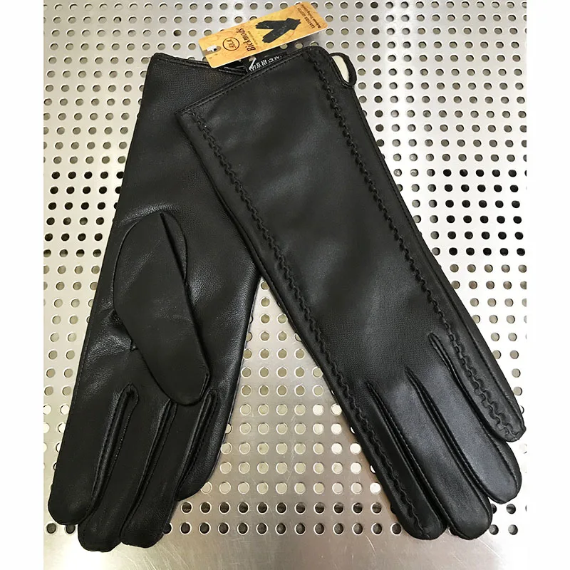 Guantes de piel de oveja para mujer, longitud media, estilo a rayas, forro de terciopelo, cálidos para otoño e invierno, guantes de dedo de cuero