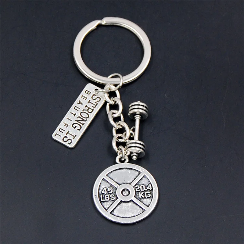 1PC Barbell Keychain Gym keep fitness Sport Kettle Bell And Strong Is Beautiful Charm body building Key Ring For Men Women