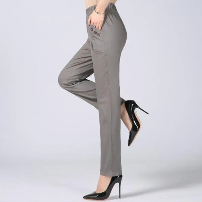 

2019 new Top Quality 5XL Women Trousers Elastic waist Straight Button Lady Casual Cotton long Pants female