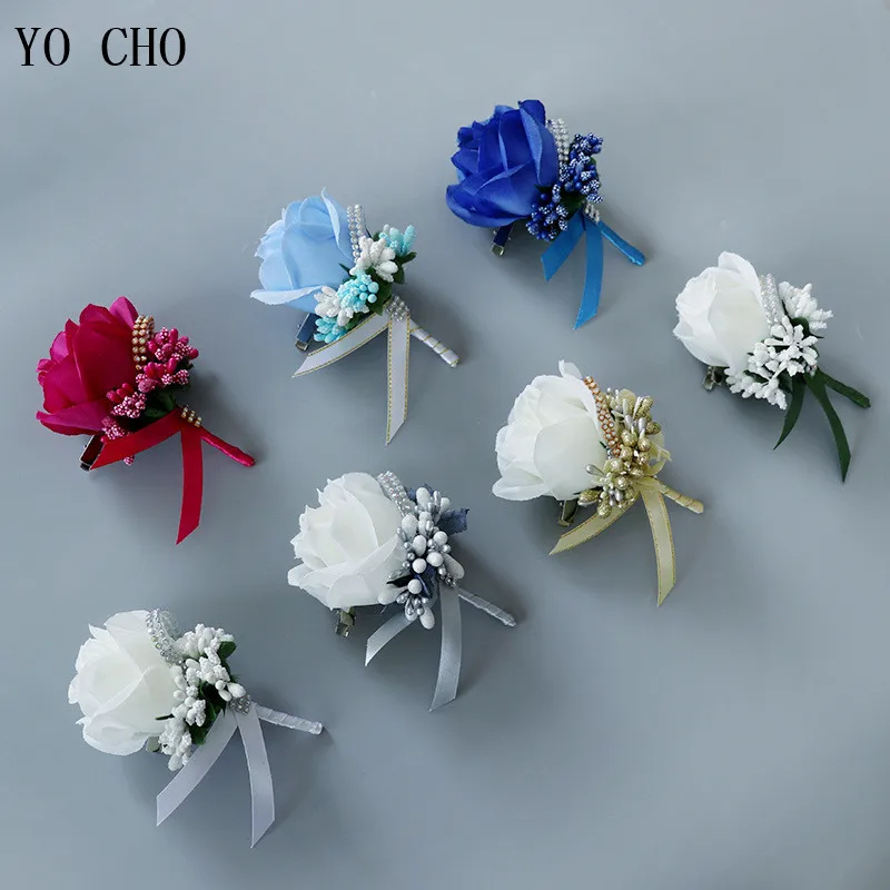 YO CHO-ramo de flores rosas artificiales para boda, broche azul, ramillete con purpurina, cinta de diamantes de imitación, encaje clásico, alfileres para fiesta de graduación