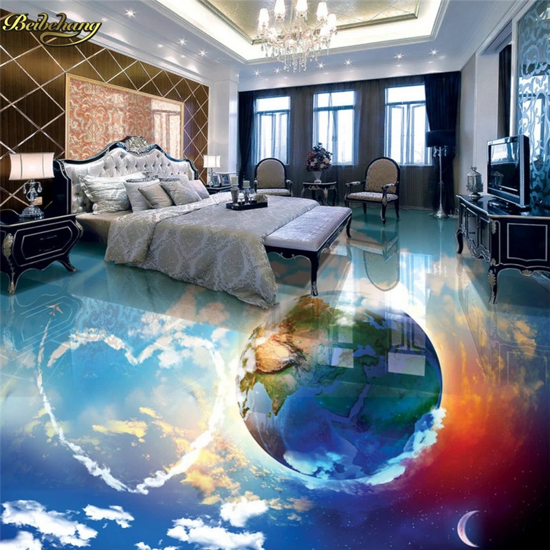 

beibehang Custom Photo 3D Floor Painting Wallpaper Sky Blue Sky White Cloud Fantasy Earth Bathroom Living Room 3D Floor