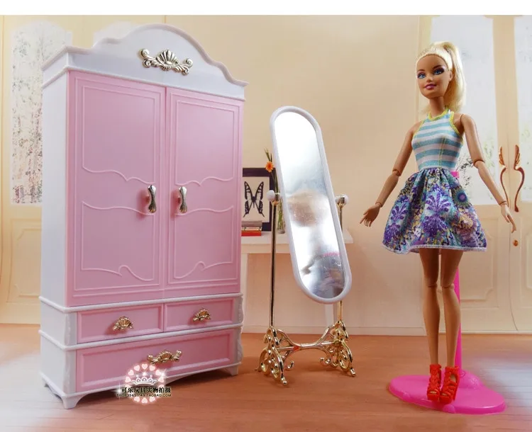 Hot selling baby toys house accessories doll mini furniture sets wardrobe+moirror+hanger for barbie doll for kurhn doll