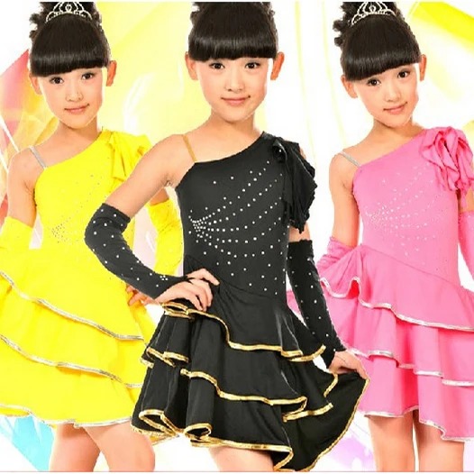 New Rhinestone Diamond Single Shoulder Strap Unequal Kids Girls Child Latin Dance Dress