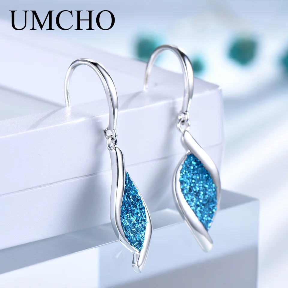 UMCHO Elegant 925 Silver Sequin Women Drop Earrings Blue for Anniversary Party Gifts Fine Jewelry Decorations