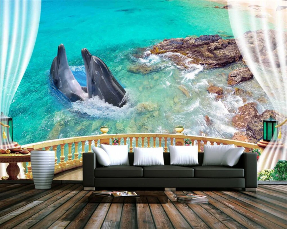 

beibehang Home decoration wallpaper European balcony sea view marine dolphin stone TV sofa background wall murals 3d wallpaper