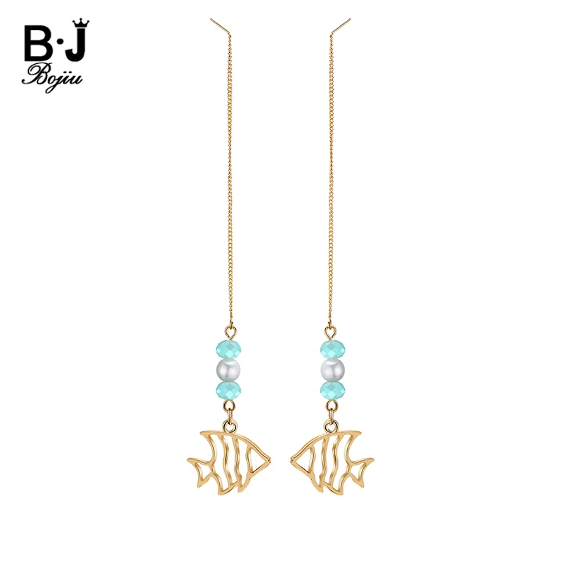 BOJIU New Long Drop Dangle Earrings For Women Trendy White Pearl Light Blue Crystal Eardrop Gold Fish Star Pendant Earring EA052