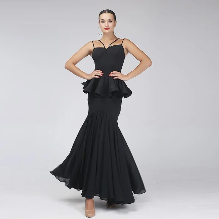 Robe de danse moderne noire, robe standard de salle de bal, robes de concours de danse à franges, robe de valse flamenco