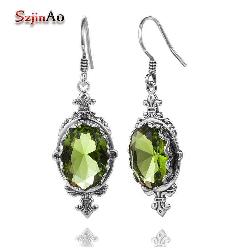 Szjinao Real 100% Sterling Silver Women Peridot Earrings India Oval Shape Gemstone Vintage Ethnic Style Silver 925 Jewelry Gift