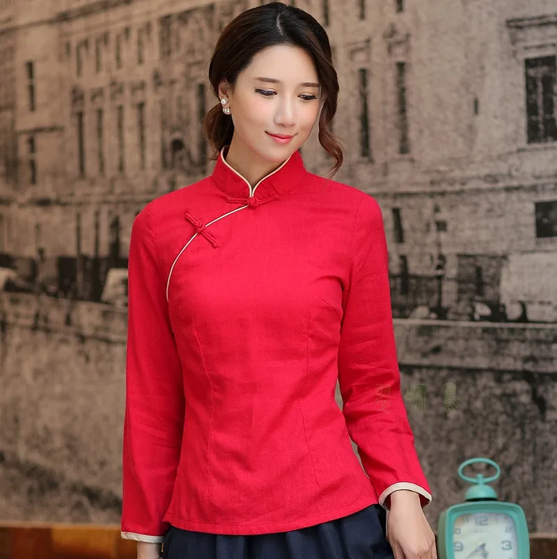 Shanghai Story Mandarin Collar Woman\'s Shirt chinese traditional top Long Sleeve cheongsam top traditional Chinese Linen blouse