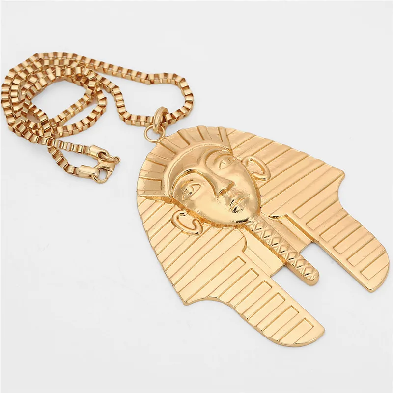 Newest Gold Color Metal Egyptian Pharaoh Head Face Pendant Necklace Men Women Design Hip Hop Style Long Chain Necklace Jewelry