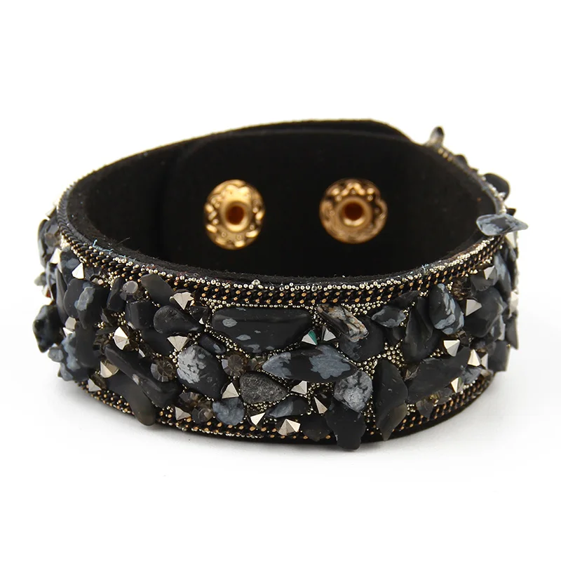 2020 Hot Sale Fashion Women Wrap Bracelet With Stones Vintage Shake Leather Bracelets Bangle With Buttons Female Jewelry