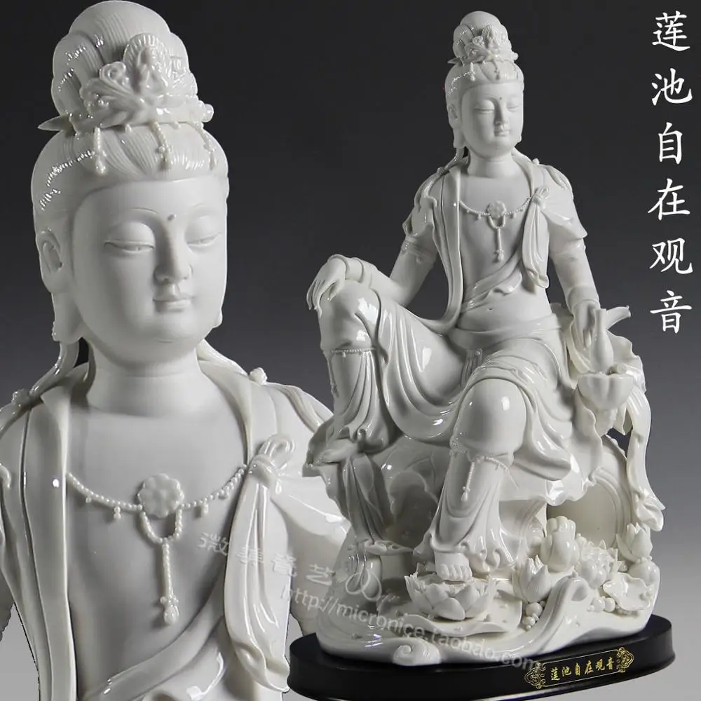 18 inch lotus Avalokitesvara Buddha figures like Dehua ceramic arts and crafts ornaments collection art decoration