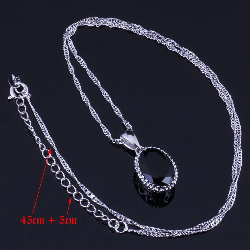 Heavenly Big Oval Black Cubic Zirconia Silver Plated Jewelry Sets Earrings Pendant Chain Ring V0264