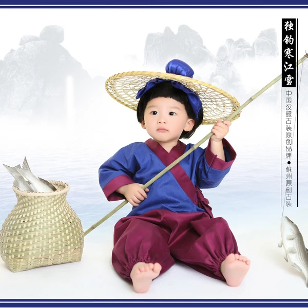 

Fishing in Snowy River Alone Baby Boy Fisherman's Costume Ancient Chinese Poem or Story Thematic Costume Hanfu 90-135cmH