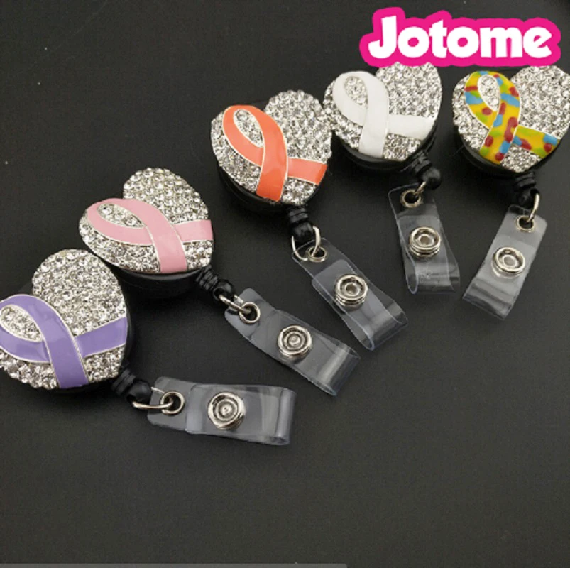 In stock 5colors Promotional Rhinestone Ribbon Heart Retractable ID Badge Holder