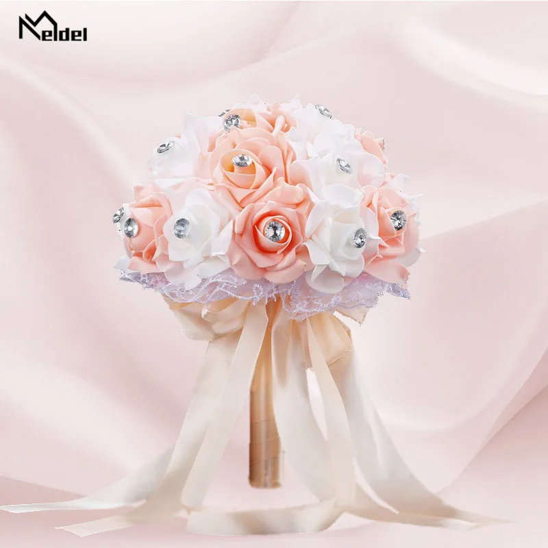 Meldel Bridal Wedding Bouquet Bridesmaid Holding Flower PE Rose Champagne Rhinestone Bouquet for Bride Marriage Wedding Supplies