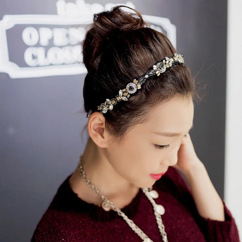 Luxury Handmade Crystal Beaded Headwear Headbands For Women Bridal Rhinestone Thin Elastic Hair Accessories Costume Decoration